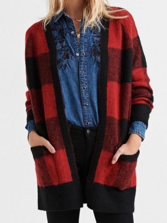 Lucky Brand Sweaters - Lucky Brand Open Front Buffalo Plaid Relaxed Cardigan Sweater, Red & Black, XL